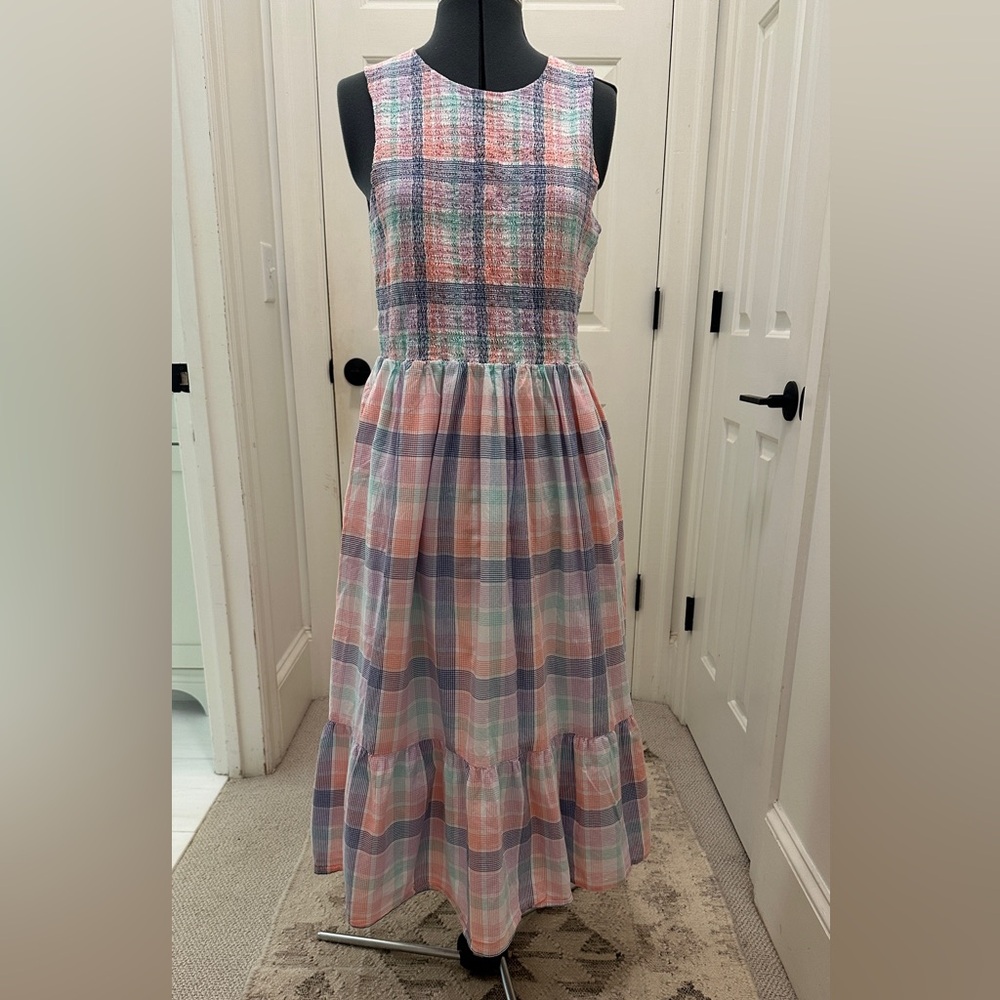 J. Crew Ruched-front Plaid Pastel Sleeveless Dress, sz M